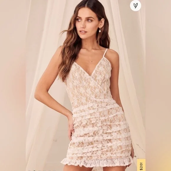 Lulus Frilled To Be Here Lace Floral Ruched Mini Dress Ivory Nude L NWOT - Picture 4 of 9